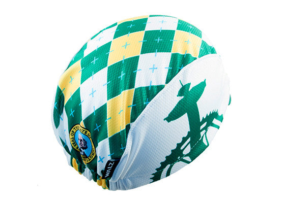Washington Technical 3-Panel Cycling Cap.  Green, white and yellow cap with Space Needle and bike derailleur icons on side.  Washington state seal on back. Overhead back view.