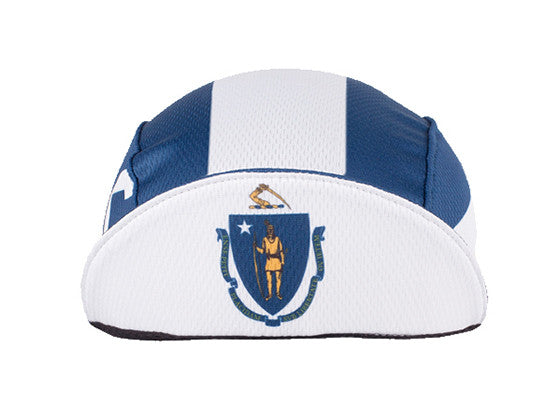 Massachusetts Technical 3-Panel Cycling Cap. Blue cap with white stripe and Massachusetts logo under brim. Brim up front view.
