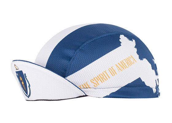 Massachusetts Technical 3-Panel Cycling Cap. Blue cap with white stripe and Massachusetts outline with The Spirit of America text on side. Brim up angled view.