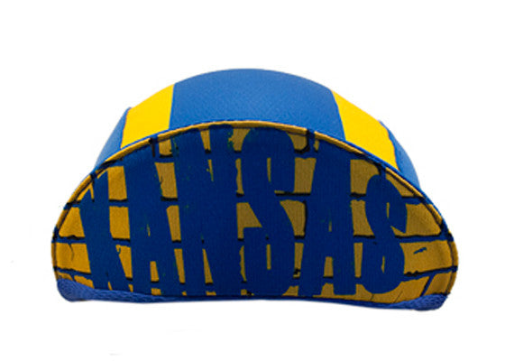 Kansas 3-Panel Technical Cycling Cap. Blue and yellow cap with KANSAS text under brim.  Brim up front view.