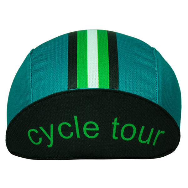 Cap for a Cause - "Cancervive" 3-Panel Technical Cycling Cap. Green cap with black, green, and white stripes. cycle tour text on brim underside. Brim up front view.