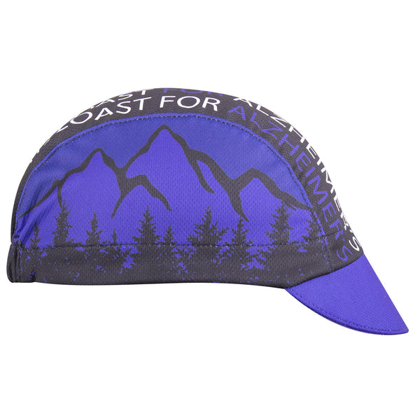 Cap for a Cause - "Bike4Alz" 3-Panel Technical Cycling Cap.  Purple and black cap with mountain and forest imagery and Alzheimer's text.  Side view.