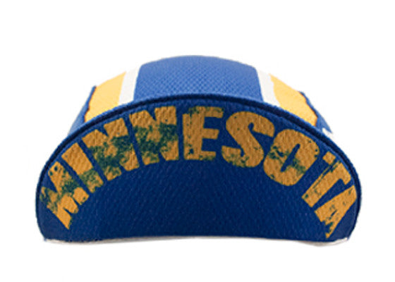 Minnesota Technical 3-Panel Cycling Cap.  Blue cap with yellow and white stripes and MINNESOTA text under brim.  Brim up front view.