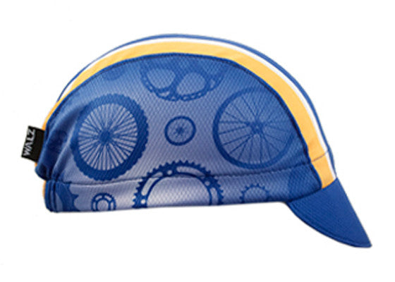 Minnesota Technical 3-Panel Cycling Cap.  Blue cap with yellow and white stripes and bike part print on side.  Side view.