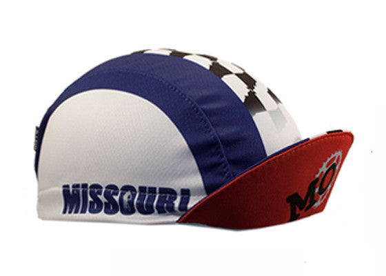 Missouri Technical 3-Panel Cycling Cap. Blue and white cap with checkered flag motif MISSOURI text on the side. Brim up angled view.