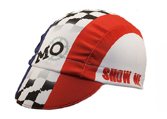 Missouri Technical 3-Panel Cycling Cap. Blue, Red and white cap with checkered flag motif. SHOW ME text on the side. Angled view.