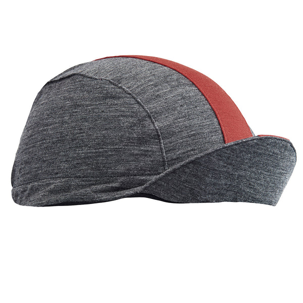 Gull Gray Merino Wool 3-Panel Cap.  Red contrasting stripe.  Angled view brim up.