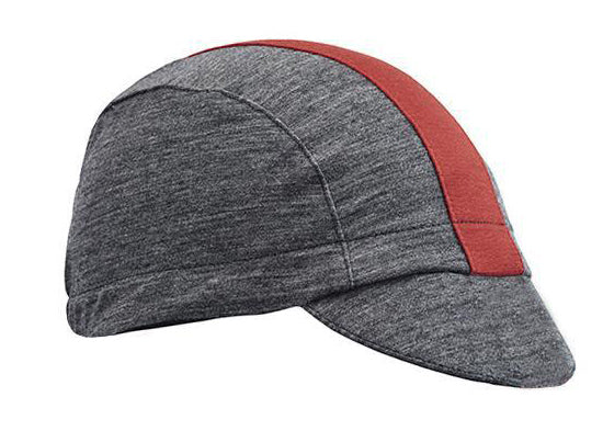 Gull Gray Merino Wool 3-Panel Cap.  Red contrasting stripe.  Angled view.