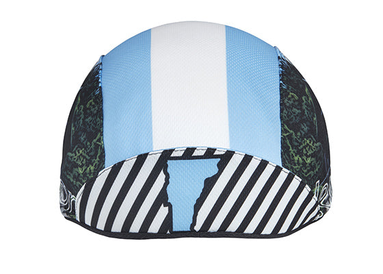 Vermont Technical 3-Panel Cycling Cap.  Light blue and white cap with covered bridge image on side. Black and white stripes with Vermont outline under brim. Brim up front view.