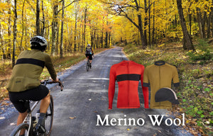 Two cyclists on a country road in the fall, wearing long sleeve merino wool jerseys.  Product images of the merino wool jerseys also super-imposed on the main image.