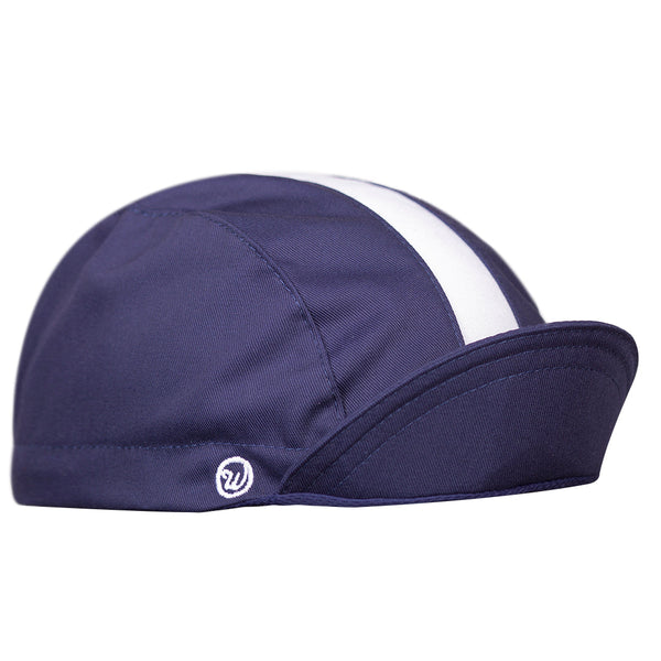 Midnight Blue Fast Cap Cotton 3-Panel White Stripe.  Angled view. Brim up.