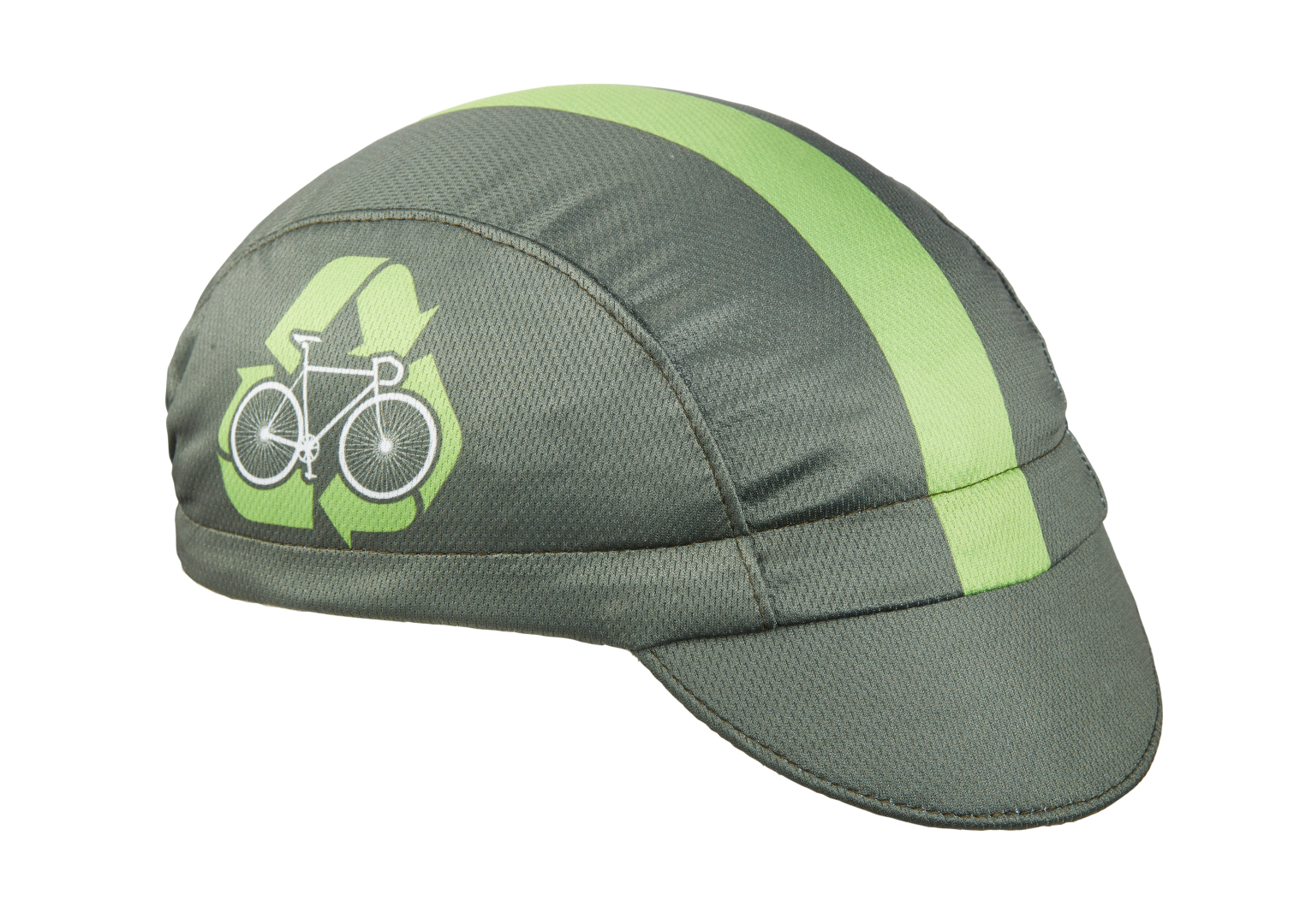 "We-Cycle" Technical 3-Panel Cap.  Olive green cap with light green stripe and bicycle re-cycle icon.  Angled view.