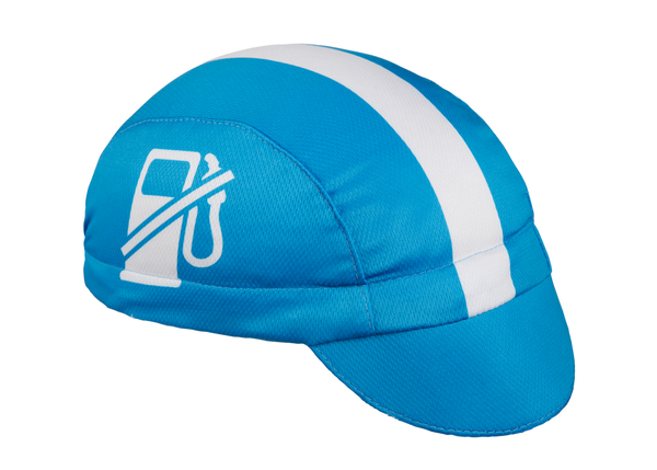 "Kick Gas!" Technical 3-Panel Cap.  Sky blue with white stripe and no gas icon.  Angled view.