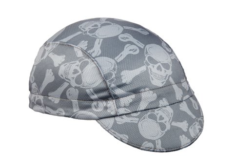 "Skull and Bones" Technical 3-Panel Cap.  Gray cap with white skull and bones print.  Angled view.