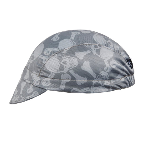 "Skull and Bones" Technical 3-Panel Cap.  Gray cap with white skull and bones print.  Side view.
