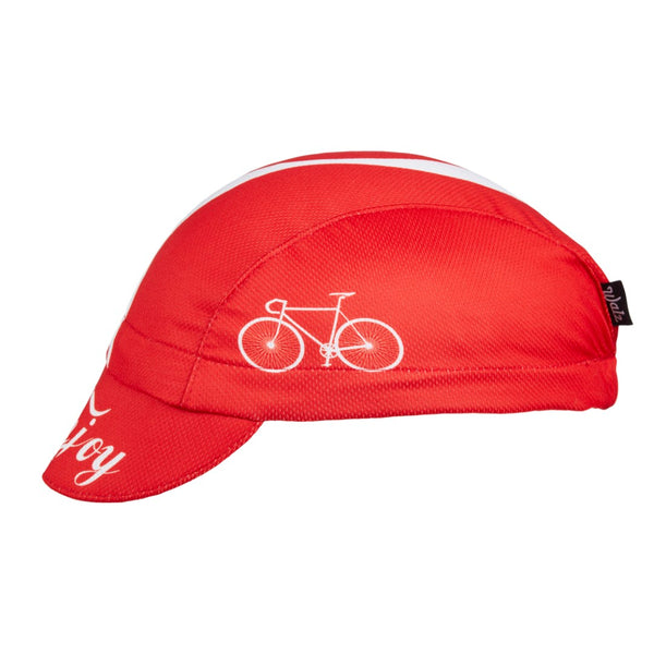 "Enjoy" Technical 4-Panel Cap.  Red cap with white stripe and bike icon.  Brim text Enjoy.  Side view.