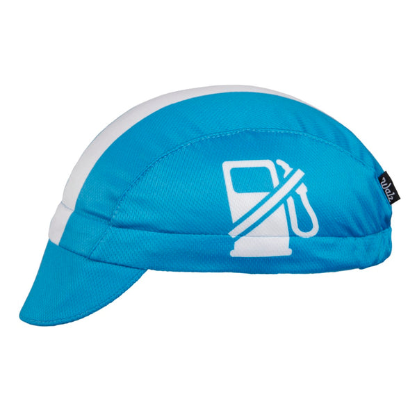 "Kick Gas!" Technical 3-Panel Cap.  Sky blue with white stripe and no gas icon.  Side view.