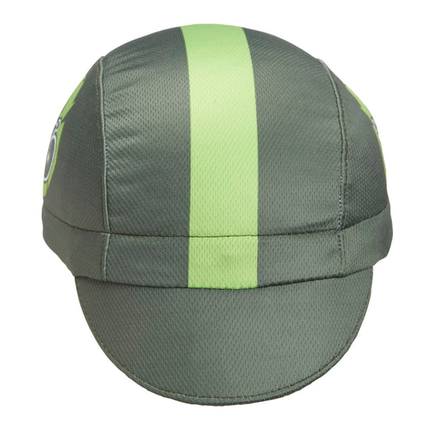 "We-Cycle" Technical 3-Panel Cap. Olive green cap with light green stripe and bicycle re-cycle icon. Bill down front view.