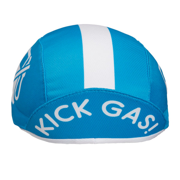 "Kick Gas!" Technical 3-Panel Cap.  Sky blue with white stripe and no gas icon.  Front view. Bill up.
