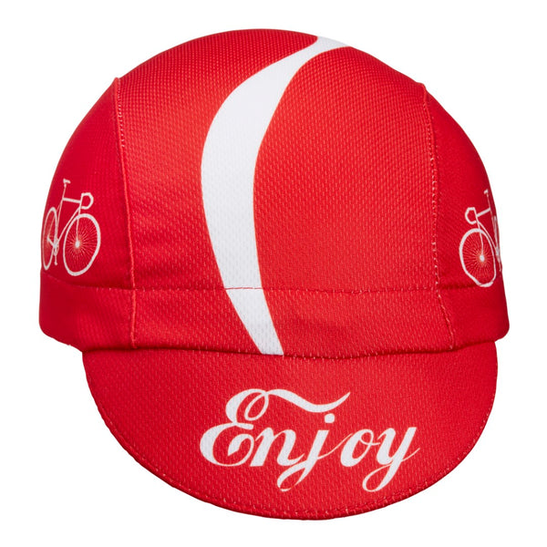 "Enjoy" Technical 4-Panel Cap.  Red cap with white stripe and bike icon.  Brim text Enjoy.  Front view. Brim down.