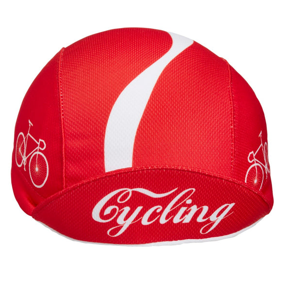 "Enjoy" Technical 4-Panel Cap.  Red cap with white stripe and bike icon.  Brim text Enjoy.  Front view. Brim up.  Under brim text Cycling.