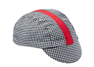 Black & White Houndstooth/Red Cotton 3-Panel Stripe Cap.  Red contrast stripe.  Angled view.
