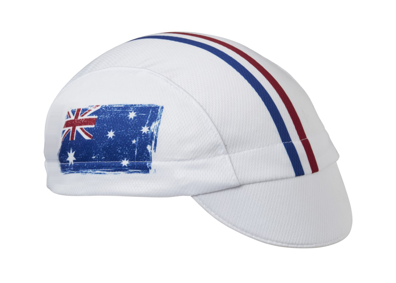 Australia Technical 3-Panel Cycling Cap.  White cap with blue and red stripes and Australian flag on the side.  Angled view.