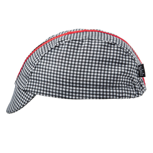 Black & White Houndstooth/Red Cotton 3-Panel Stripe Cap.  Red contrast stripe.  Side view.