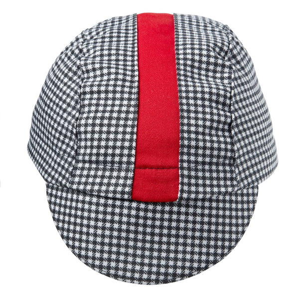 Black & White Houndstooth/Red Cotton 3-Panel Stripe Cap.  Red contrast stripe.  Front view.