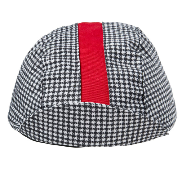 Black & White Houndstooth/Red Cotton 3-Panel Stripe Cap.  Red contrast stripe.  Bill up front view.