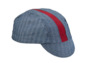 Navy Herringbone/Maroon Stripe Cotton 3-Panel Cap.  Angled view.