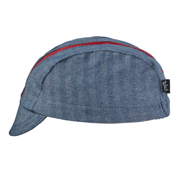 Navy Herringbone/Maroon Stripe Cotton 3-Panel Cap.  Side view.