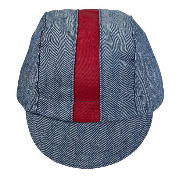 Navy Herringbone/Maroon Stripe Cotton 3-Panel Cap.  Front view.