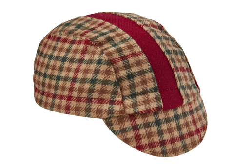 Tan Plaid/Maroon Stripe Wool 3-Panel Cap. Angled view.