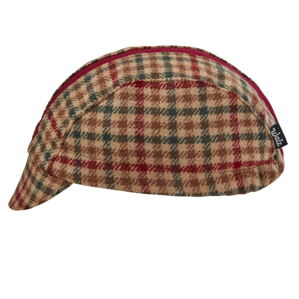 Tan Plaid/Maroon Stripe Wool 3-Panel Cap. Side view.