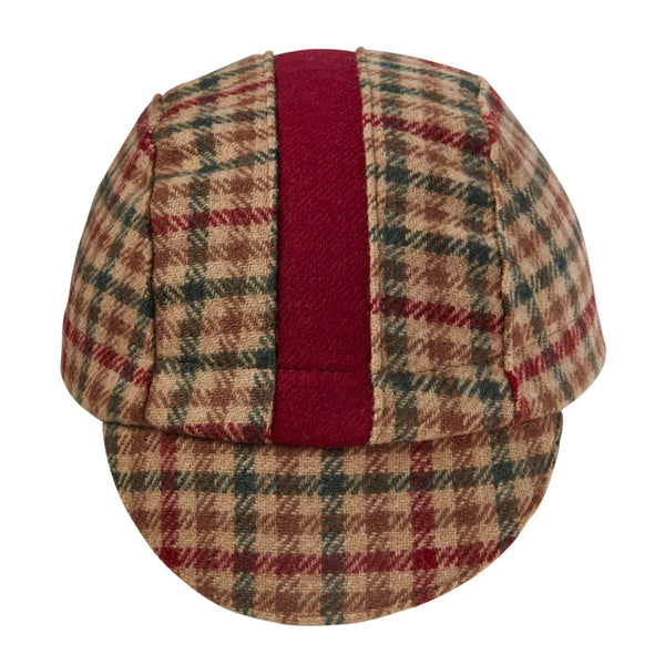 Tan Plaid/Maroon Stripe Wool 3-Panel Cap. Front view.