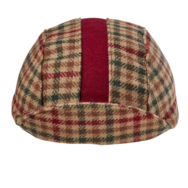 Tan Plaid/Maroon Stripe Wool 3-Panel Cap. Brim up front view.