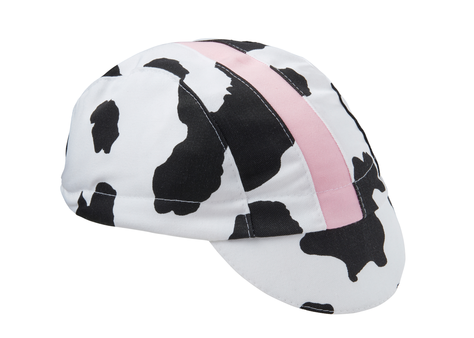 Cow Print/Pink Stripe Cotton 3-Panel Cap.  Angled view.