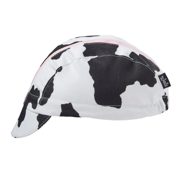 Cow Print/Pink Stripe Cotton 3-Panel Cap.  Side view.