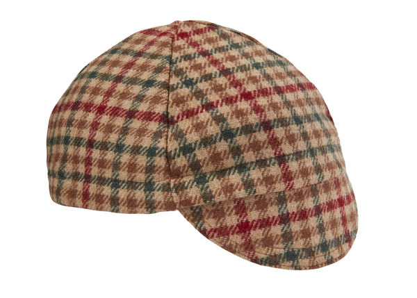 Tan Plaid Wool 4-Panel Wool Cap.  Tan, Red, and Green Plaid.  Angled View.