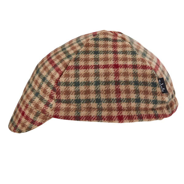 Tan Plaid Wool 4-Panel Wool Cap.  Tan, Red, and Green Plaid.  Side View.