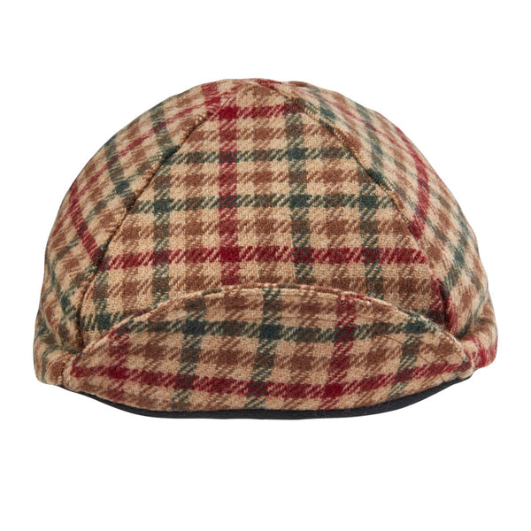 Tan Plaid Wool 4-Panel Wool Cap.  Tan, Red, and Green Plaid.  Brim up front View.