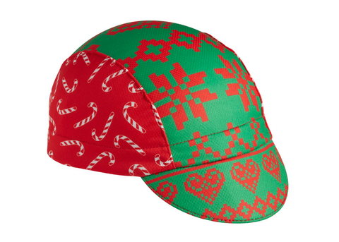 Ugly Sweater Cap - Candy Cane 3-Panel Technical Cap Angled View.  Red and Green.