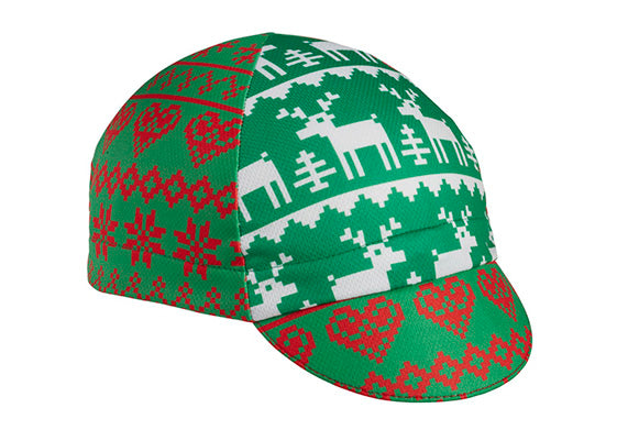 Ugly Sweater Cap - Reindeer 4-Panel Technical Angled View.  Red and Green and white.