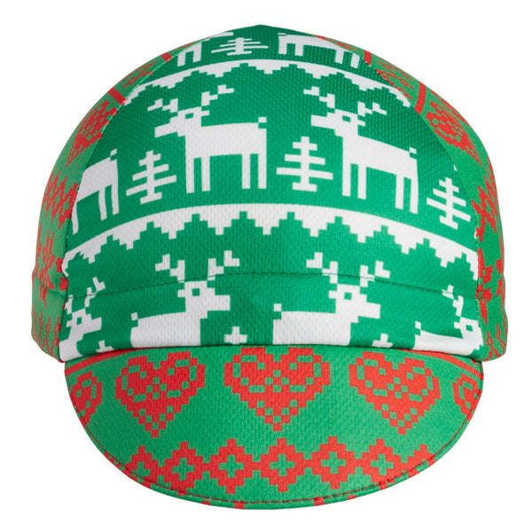 Ugly Sweater Cap - Reindeer 4-Panel Technical Cap Front View.  Red and Green and White.