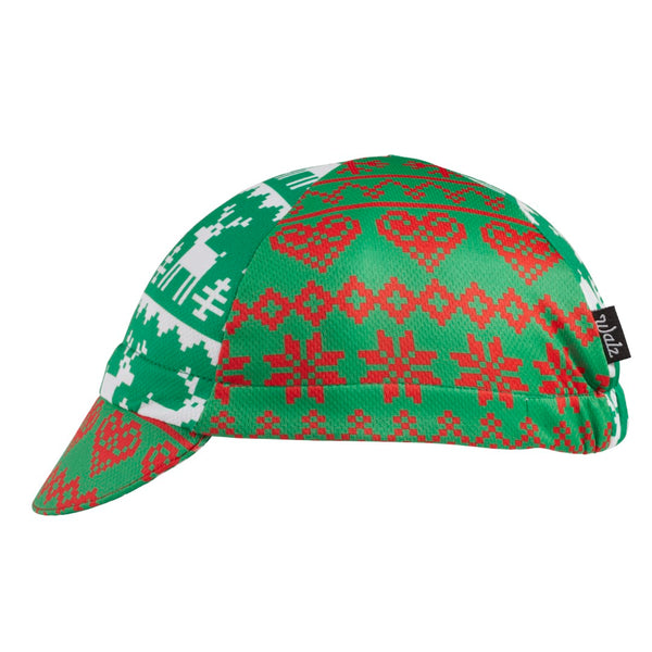 Ugly Sweater Cap - Reindeer 4-Panel Technical Cap Side View.  Red and Green and white