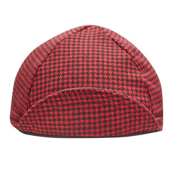 Red Houndstooth Wool 4-Panel Cap. Brim up front view.