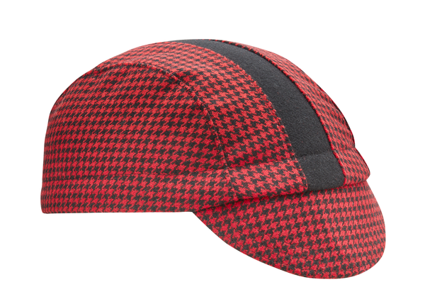 Red and Black Houndstooth Wool 3-Panel Cap with Black stripe. Angled view