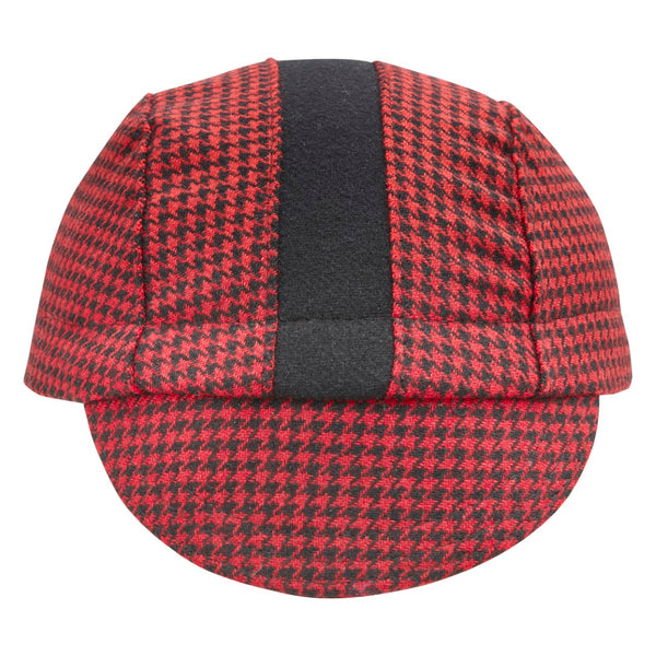 Red and Black Houndstooth Wool 3-Panel Cap with Black stripe. Front view