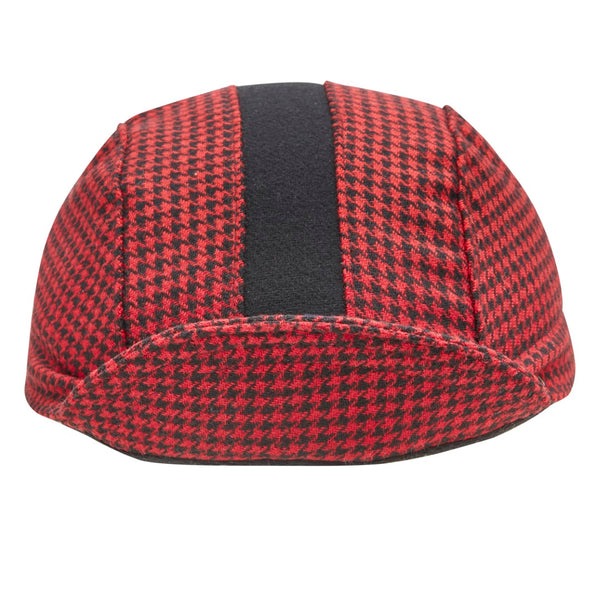 Red and Black Houndstooth Wool 3-Panel Cap with Black stripe. Brim up front view